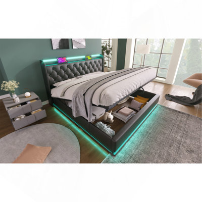 Lit tapissier avec rangement, lumières RVB et ports USB