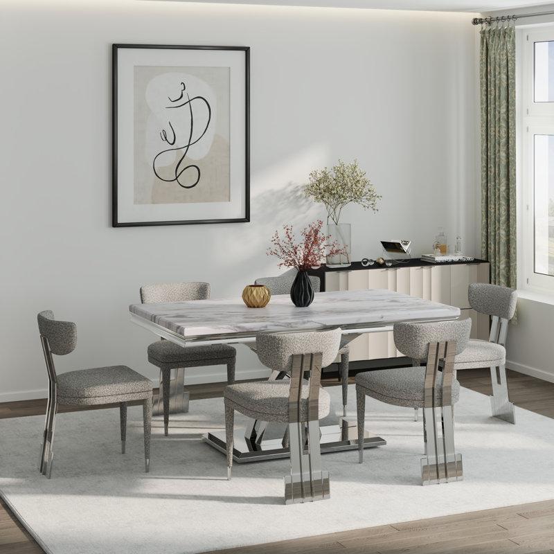 Ensemble de table de salle à manger 7 pièces en marbre gris et argent 7 pièces Modern, Blanc, Argent argent, Argent argent