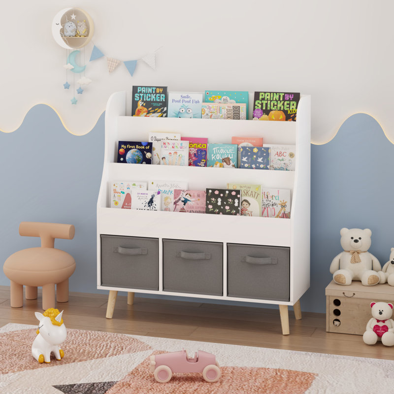 Bibliothèque avec 3 bacs de rangement en tissu, organisateur de présentation de livres, 35.48" H x 31.55" W x 11.86" D