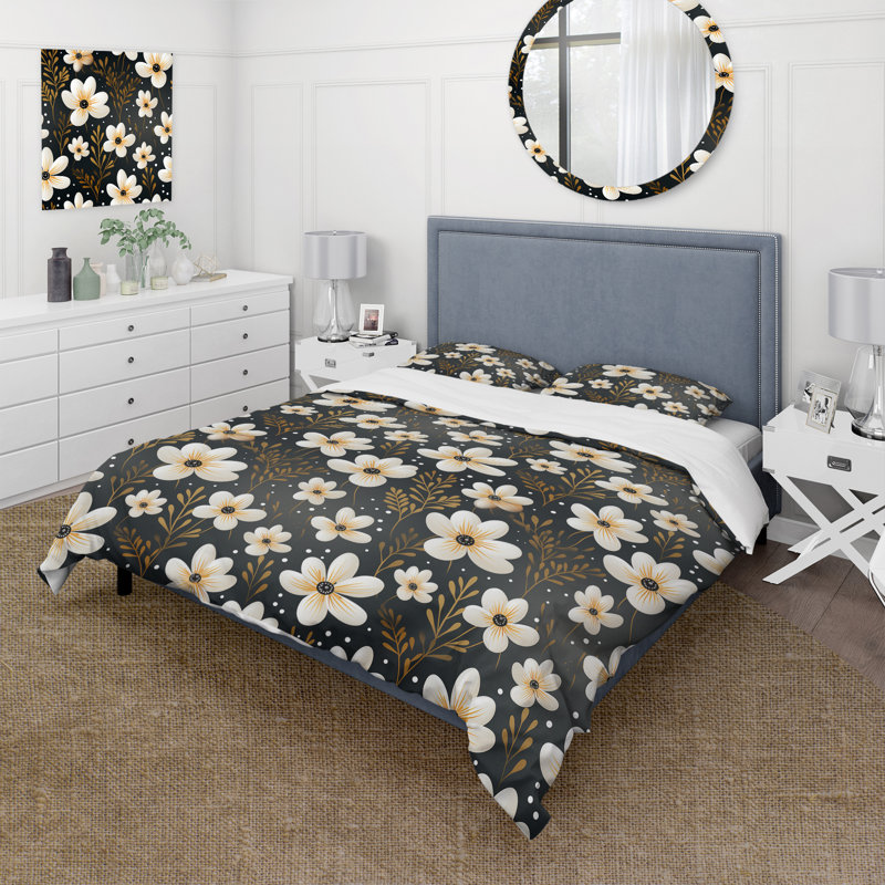 Ensemble de housse de couette floral noir et beige Garden Flower Serenade II, Housse de couette pour très grand lit et 2 très