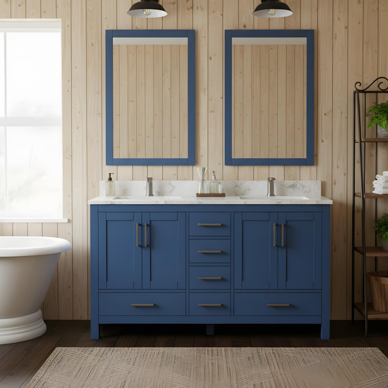 Ensemble de meuble-lavabo double avec 4 portes et 6 tiroirs, 59", Blue