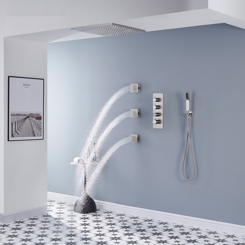 Système de douche thermostatique 3 fonctions avec 3 jets de corps et valve brute AquaRhapsody, Nickel brossé