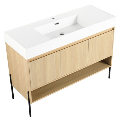 Meuble-lavabo 48 po avec lavabo simple en résine, armoire moderne en chêne 3 portes
