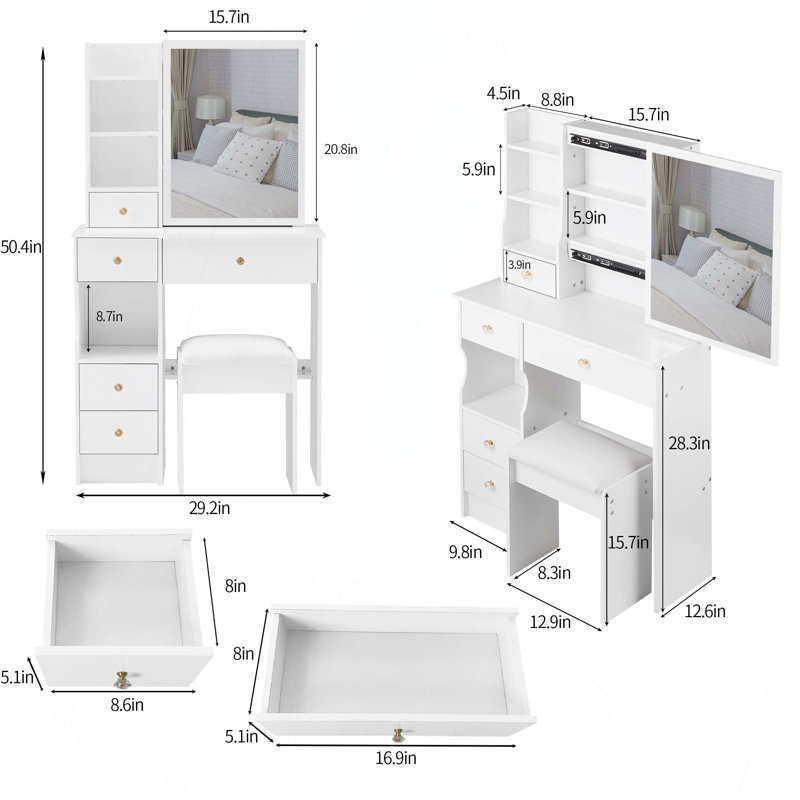 Tabouret de table de meuble-lavabo 29,2 po avec petit tiroir à gauche, très grand miroir coulissant à droite, rangement multi-couches à grande capacité, commode pratique