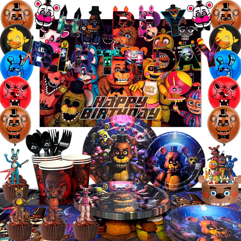 Décorations de fête d'anniversaire Fnaf, ensemble de 112 décorations de fête Fnaf et ensemble de vaisselle de fête Fnaf pour enfants
