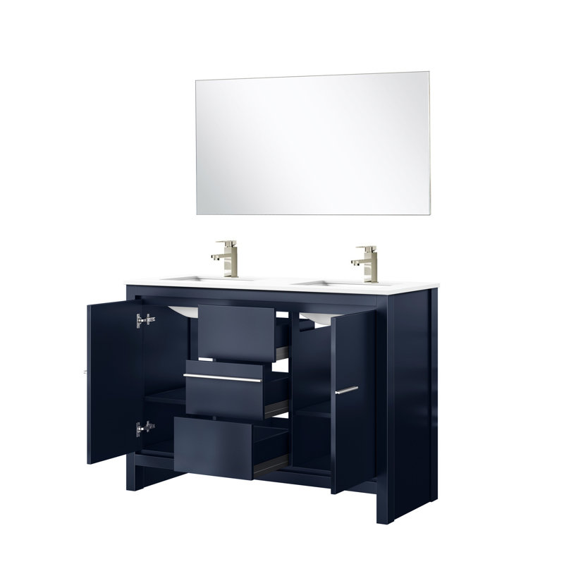 Meuble-lavabo double bleu marine 48 po L 20 po x P 20 po, surface en quartz blanc, robinet en nickel brossé, miroir 43 po et teinté - meuble-lavabo P 48 po, comptoir, grattoir 43 po - fabrication