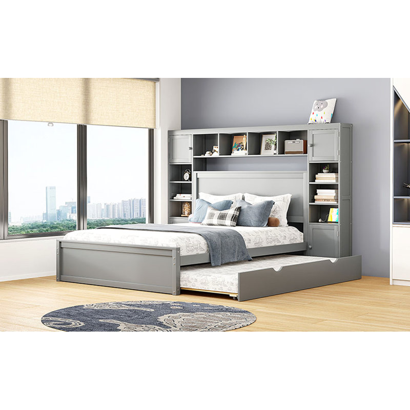 Grand lit en bois avec armoire tout-en-un, tablette et prises, gigogne simple TG, gris, Gris
