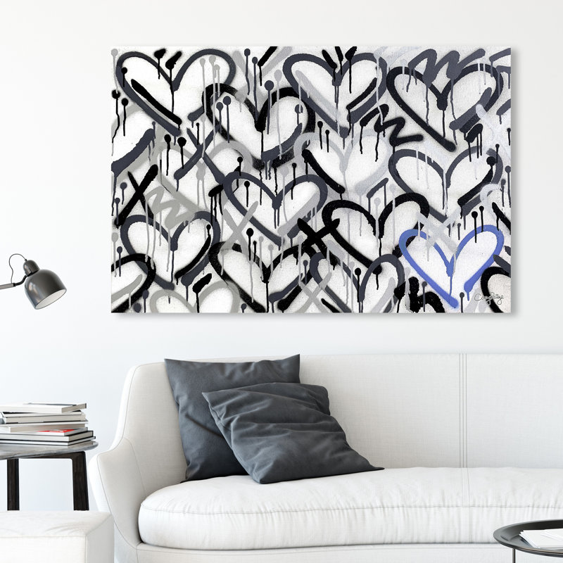 " Corey Paige - Hearts Greys With Blue Accent " by Wynwood Studio, 30" H x 45" W x 1.5" D