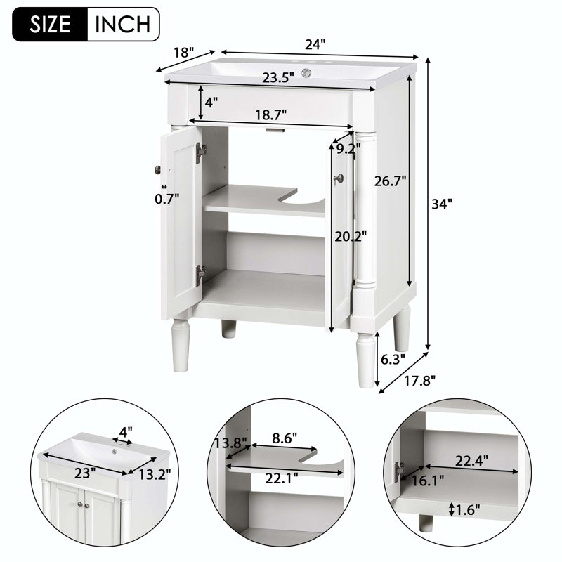 Meuble-lavabo simple 24 po avec plateau en bois manufacturé Weishaar, Blanc