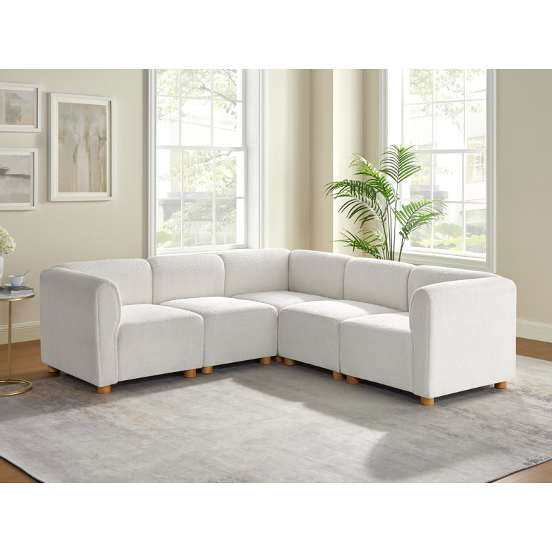 5-Piece L-Shaped Modular Couch Upholstered Corner Sectional Sofa, White Polyester