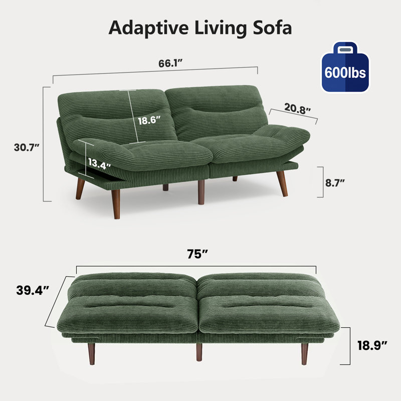 Canapé-lit futon convertible de 66 po avec dossier réglable à 3 niveaux et accoudoirs réglables à 6 niveaux, canapé-lit pour appartement, salon, vert