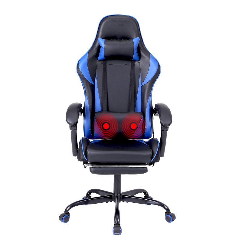 Ergonomic Gaming Chair Faux Leather Reclining  Swiveling PC & Racing Massage Video Game Chair with Footrest, Blue/Black