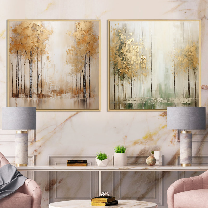 Minimalisme - Ensemble de 2 collages carrés forêt et or, H 16 po x l 33 po, Cadre flottant brun