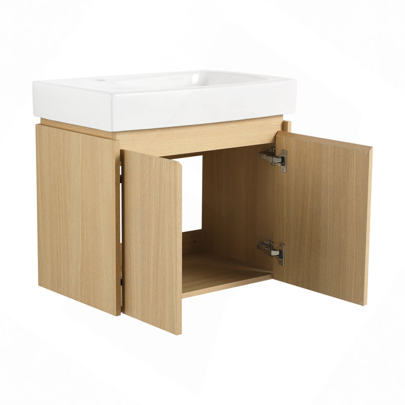 Meuble-lavabo 24 po avec lavabo en céramique, meuble-lavabo mural flottant, armoire de rangement en bois avec portes doubles pour la salle de bain
