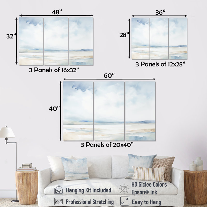 Minimalisme, ciel nuageux paysage II - ensemble d'art mural sur toile ciel, Toile tendue, H 40 po x l 60 po x P 1 po