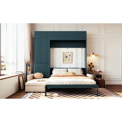 Grand lit mural avec rangement, panneau, beige, pratique pour une vie compacte, repos nocturne confortable, armoires de rangement à deux pistons pliables, idéal, sommeil,