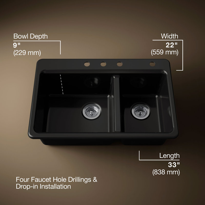 Riverby 33 In. Top-Mount Double-Bowl Kitchen Sink, 4 hole, Black, Large/medium bowls