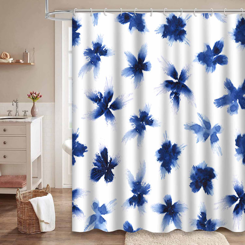 Rideau de douche Indy Aquarelle Art abstrait bleu avec 12 crochets, L 72 po x l 78 po