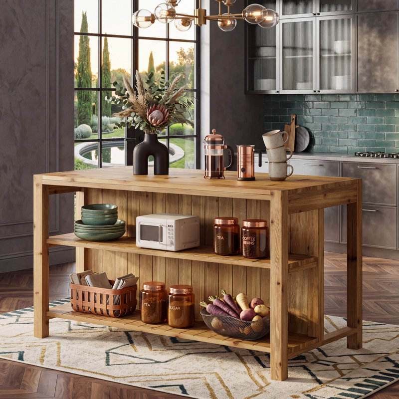 Îlot de cuisine en bois massif de 150 cm avec 2 tablettes de rangement ouvertes, table de préparation autoportante de style campagnard à hauteur du comptoir