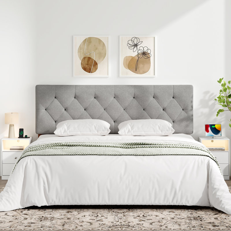 Adjustable Height Upholstered Headboard,Foldable Queen LightGrey, Light Gray, Queen