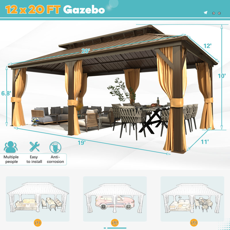 Pavillon de jardin à toit rigide 12 pi x 20 pi, pavillon en aluminium avec double toit en acier galvanisé, pavillon extérieur permanent en métal avec rideau et filet pour patio, pelouse, terrasse