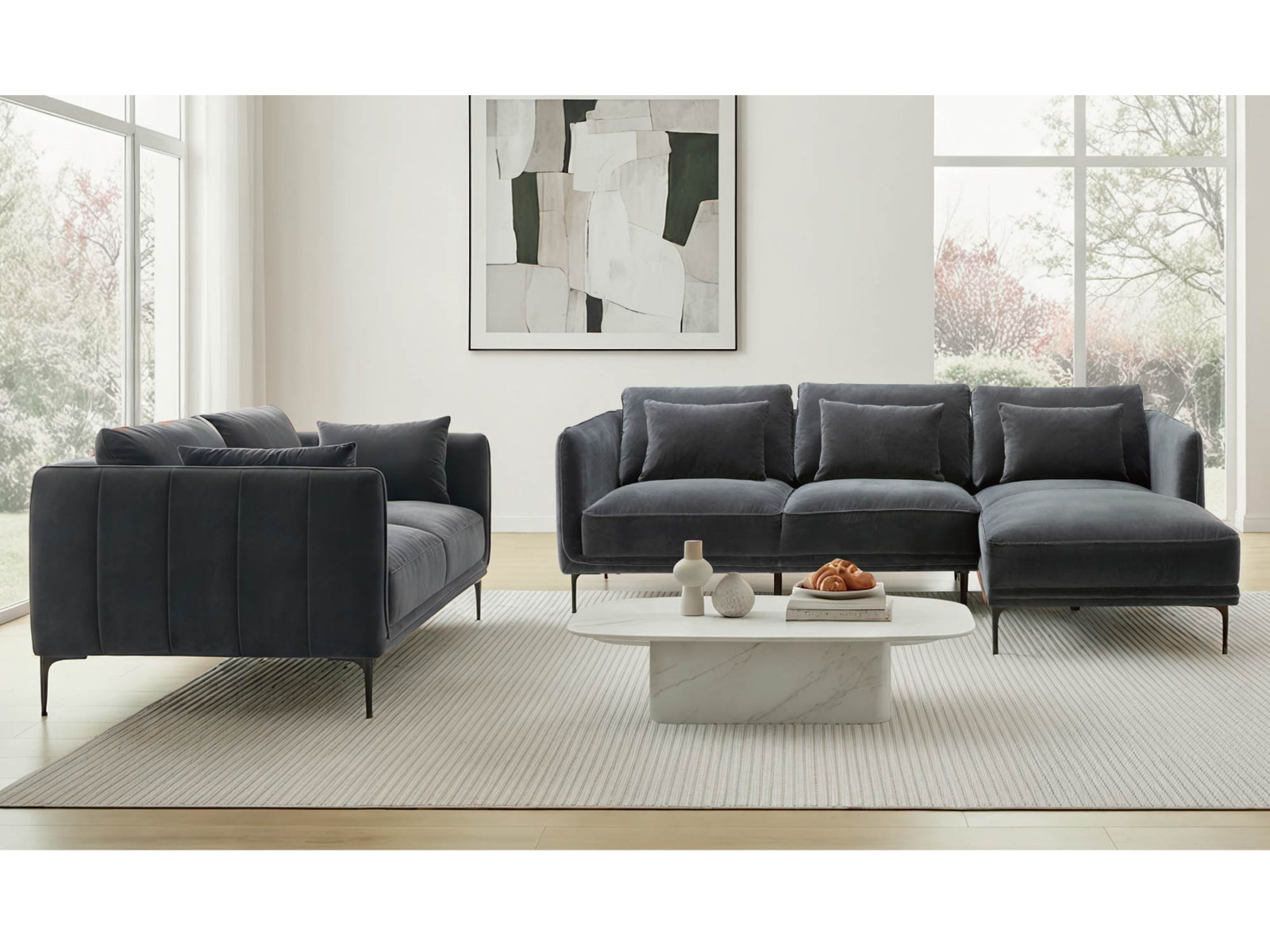 Rae 3 Piece Upholstered Living Room Set, Right Hand Facing, Falkirk Gray