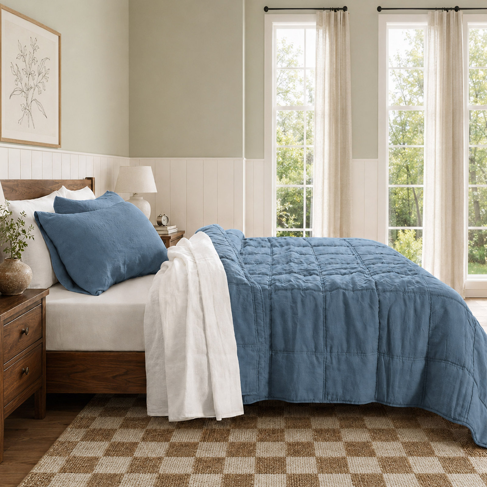 100% French Linen All-Season Comforter Set With Shams, Queen Comforter + 2 Standard Shams, Navy