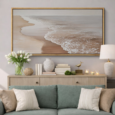 «Calm Neutral Beach Shoreline Coastal Landscape», très grande impression sur toile encadrée