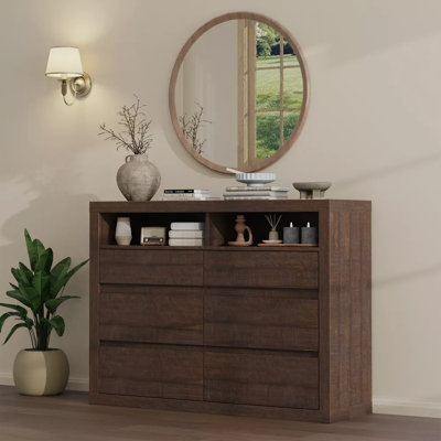 6 Drawer Modern Wooden Dresser with 2 Open Shelves, 47" Wide Handleless Storage Chest for Bedroom