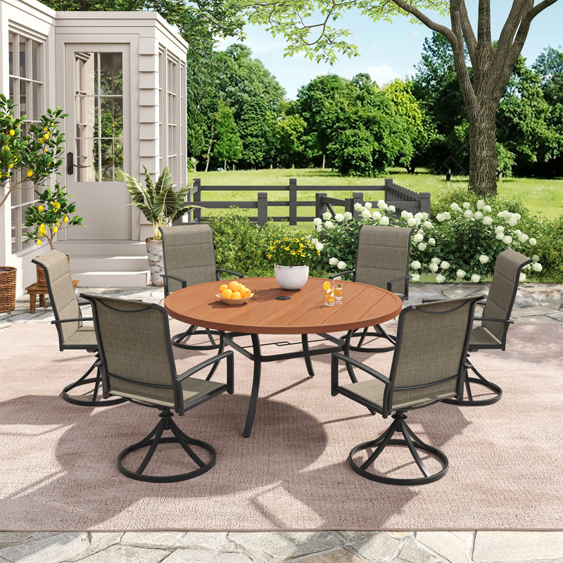 6-Person Patio Dining Set with 50" Round Dining Table and Padded Textilene Swivel Chairs, Brush Wood Brown/Brown