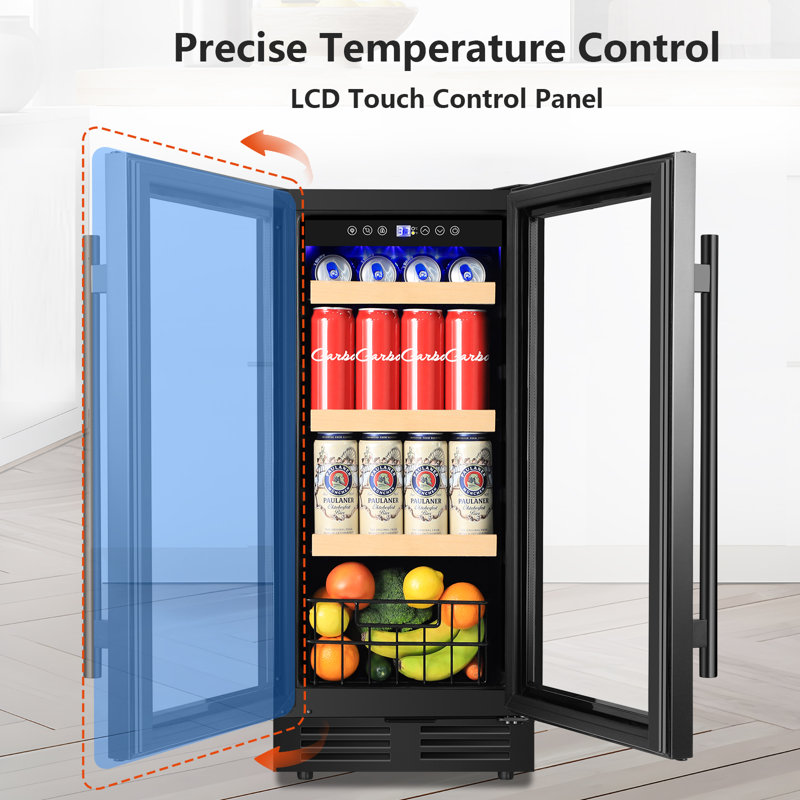 15" Black Beverage Refrigerator 130 Can Built-In/Freestanding Beer Cooler Fridge With Basket And Reversible Hinge