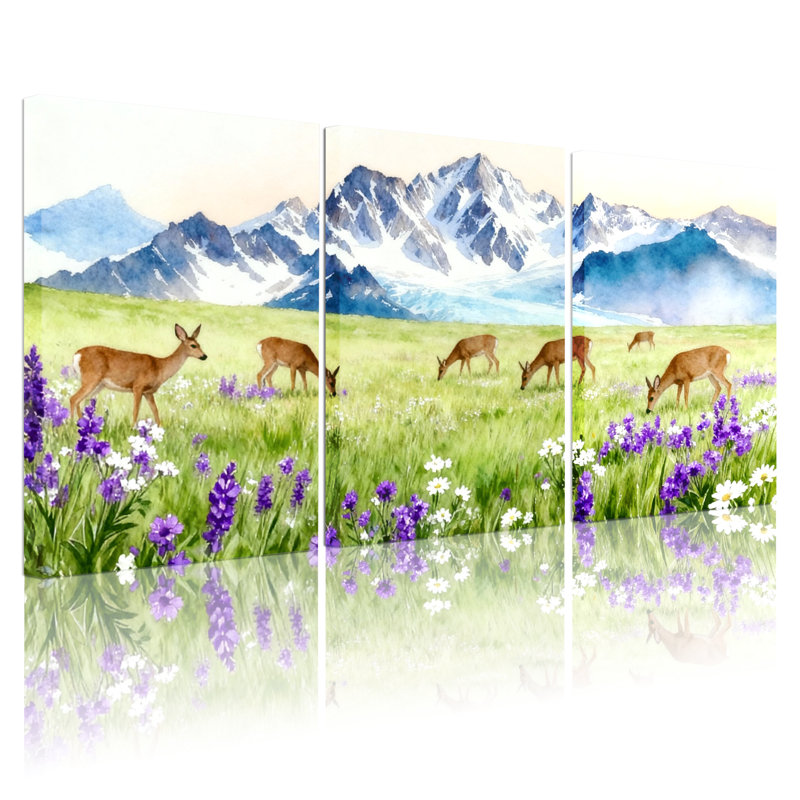 «Landscape & Nature Deer Meadow Flowers Mountains Reflection Landscape», ensemble de 3 impressions sur toile