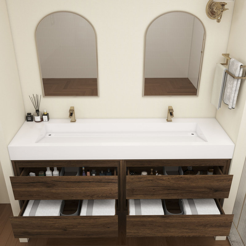 Meuble-lavabo mural double en teck et évier en acrylique 84 po Victoria, Bois de rose
