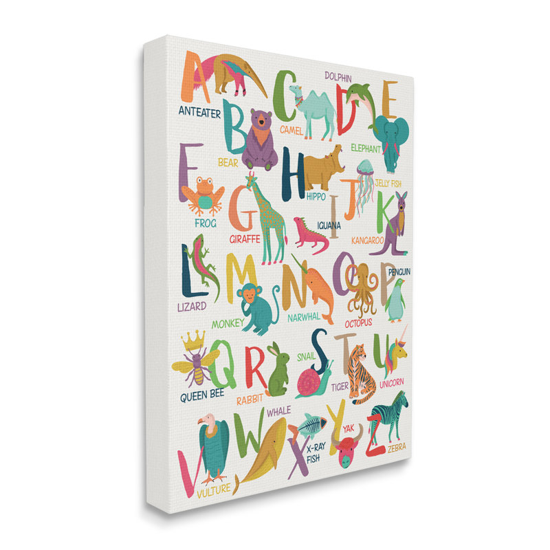 Joyful Animal Alphabet Kid's Playful ABC par - Art textuel, Toile tendue, H 48 po x l 36 po x P 2 po