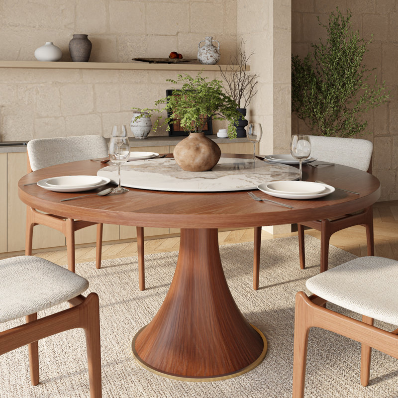 Round Mid-Century Farmhouse Solid Wood Dining Table With Removable Stone Lazy Susan Jaivyn, 29.52"H x 59.05"L x 59.05"W
