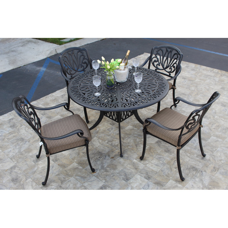 Allene 4 - Person Patio Dining Set with Round Table , Cushions Included, Dark Bronze