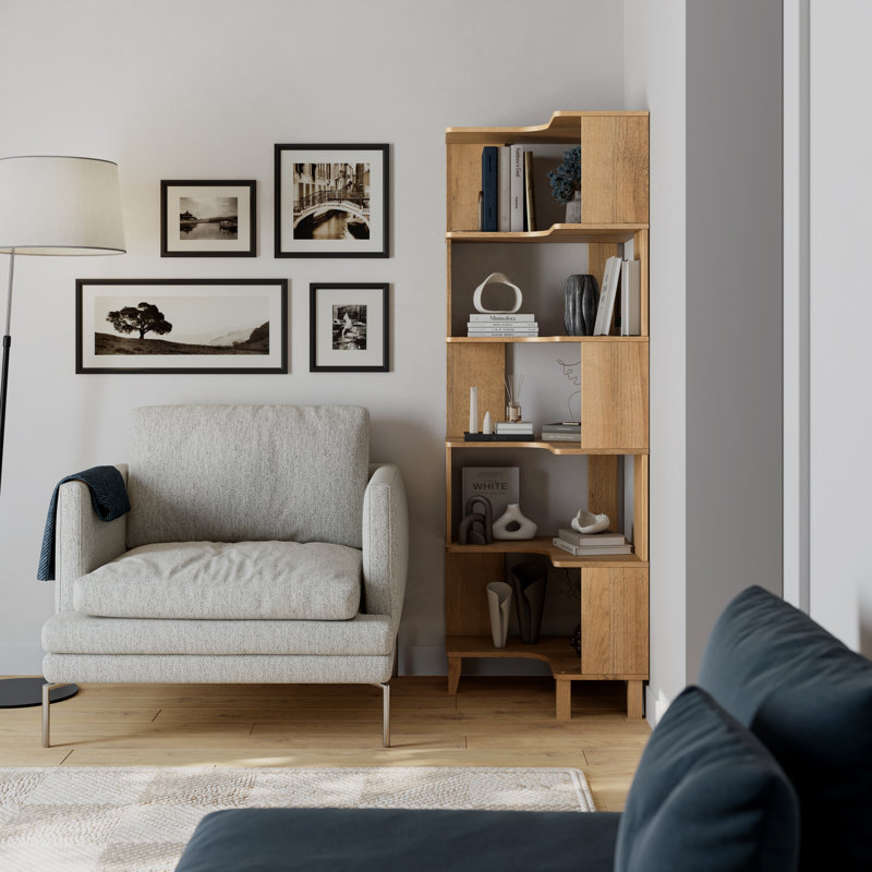 Yalin 6-Tier Modern Mid Century Corner Bookcase, 71.5" Extra Tall Corner Shelf With Storage, Natural Oak