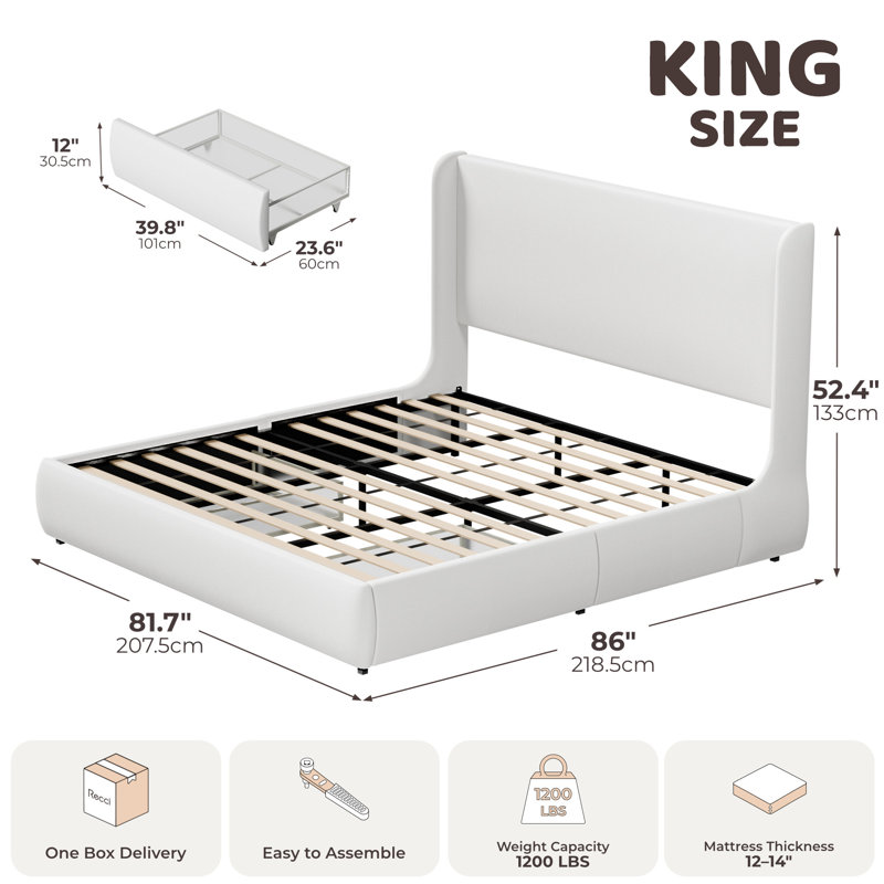 King Ivory Canvas Upholstered Wingback Bed Frame with Storage Drawers, 52” Tall Cushioned Headboard, Soft Edges, Low Profile Platform Bed, Sturdy Wood Slats, No Box Spring Needed