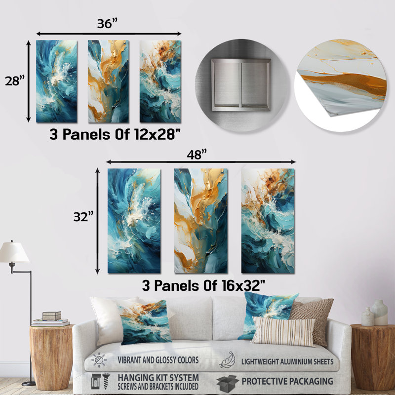 Océan, blanc et bleu, courants, fractales, ensemble de 3 reproductions d'art mural en métal, H 28 po x l 36 po