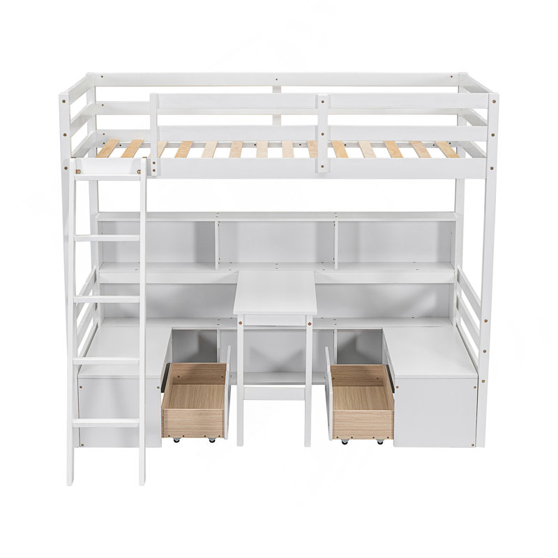 Lit mezzanine simple avec tablettes de rangement, tiroirs, siège et bureau, Blanc