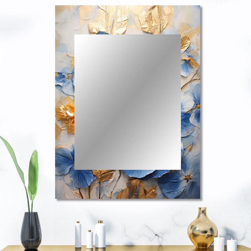 Bleu et doré minimalisme Pansy Radiance Bouquet II - décor de miroir mural unique, grand miroir traditionnel, impression sur métal