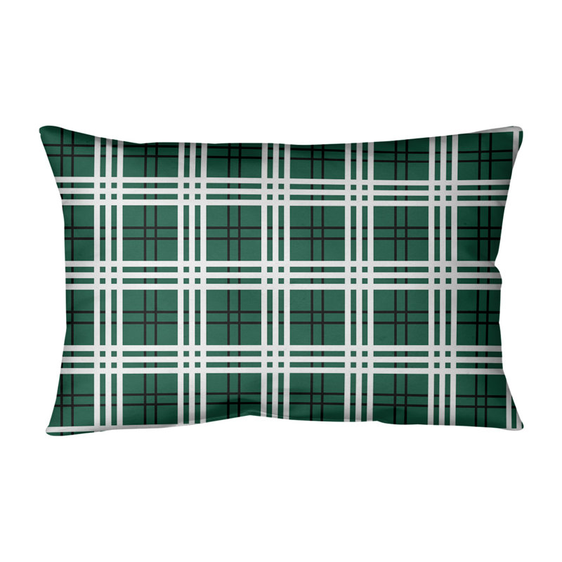 Plaid Leather/Suede Reversible Throw Pillow, Gotham Green/Stealth Black/White, Spun Polyester