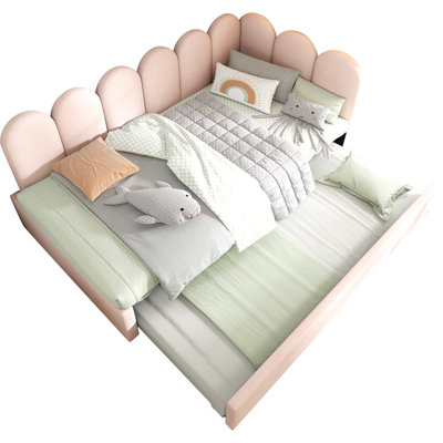 Upholstered Bed Daybed With Pull-Out Bed, Twin Size Single Sofa Bed,Guest Beds For Adults and Children, Bed With Metal Slatted Frame, Velvet, Pink (Without Mattress)