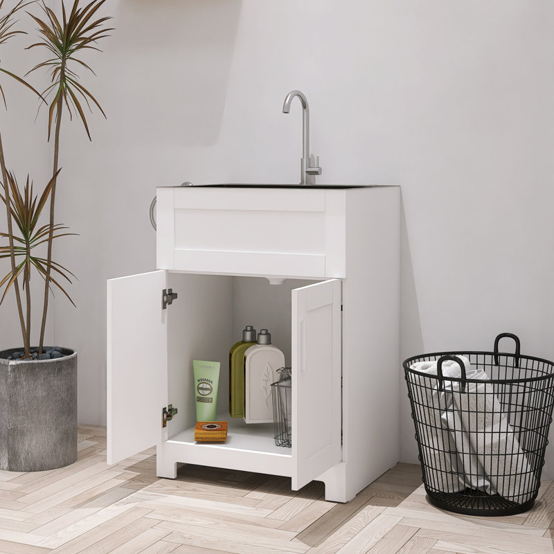 Armoire de buanderie autoportante moderne de 24 pouces avec évier et robinet en acier inoxydable, tête de drain, Blanc