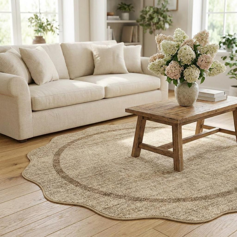 Scalloped Area Rugs Non-Slip Bordered Floor Mats, Non-Shedding Soft Low Pile Modern Accent Rugs, Washable Farmhouse Indoor Carpet for Living Room, Bedroom, Office