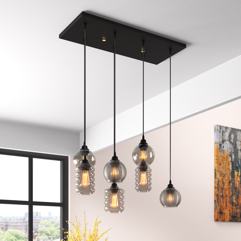 Lustre scandinave Nostalgic, couleur fumée, hauteur réglable, 32,7 po x 13,8 po | Corps en fer, 7 douilles E27 de 40 W maximum | Comprend 1 capuchon (5,5 x 8,7 pouces) et 4 capuchons (5,9 x 5,9 pouces) | Éclairage élégant pour les maisons modernes