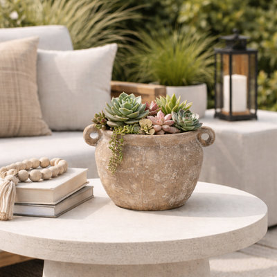 Rustic Round Ceramic Outdoor Jug Planter with Handles for Patio Styling - Decorative Indoor Flower Pots for Living Room and Home Decor Accent