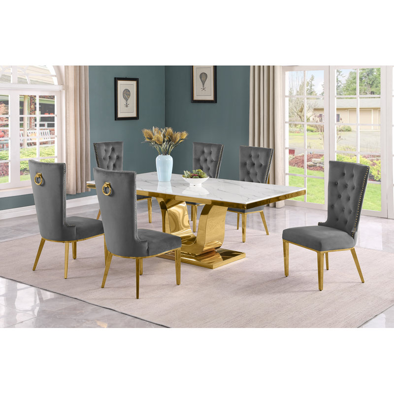 Bankhead Marble Top Pedestal Dining Set, 7, Gray/Gold