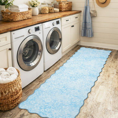  Scalloped Floral Washable Area Rug for Living Room and Bedroom, Cottagecore Non-Slip Accent Carpet, Soft Printed Botanical Rug in Sky Blue