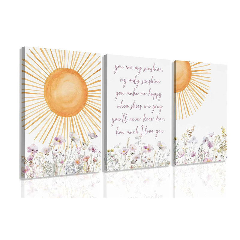 3Pcs Wildflower Nursery Canvas Wall Art Pieces You Are My Sunshine Quote Posters Prints Boho Sun Paintings For Neutral Nursery Room Decor Frame